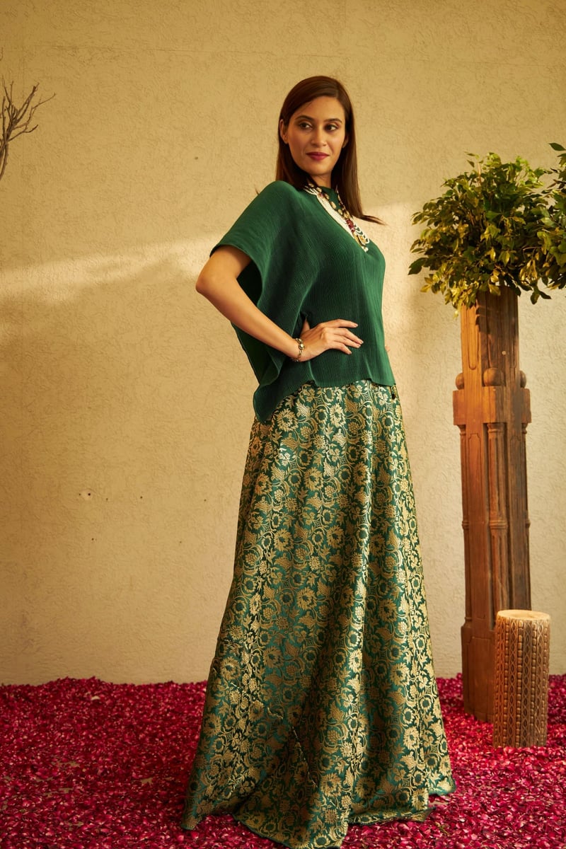 Green Pleated Cape Top and Brocade Ghagra Co-ord Set