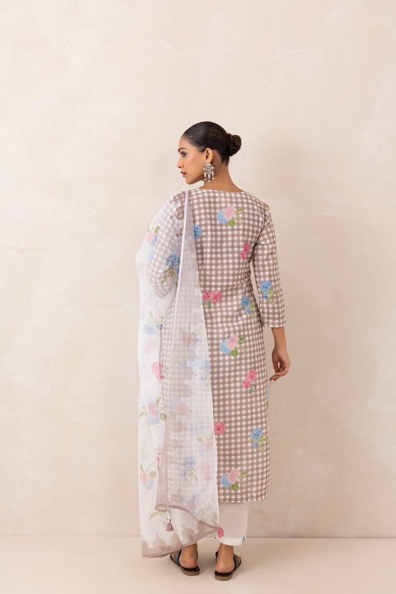 Mushroom Grey Checked Floral Print Cotton Kurta Set