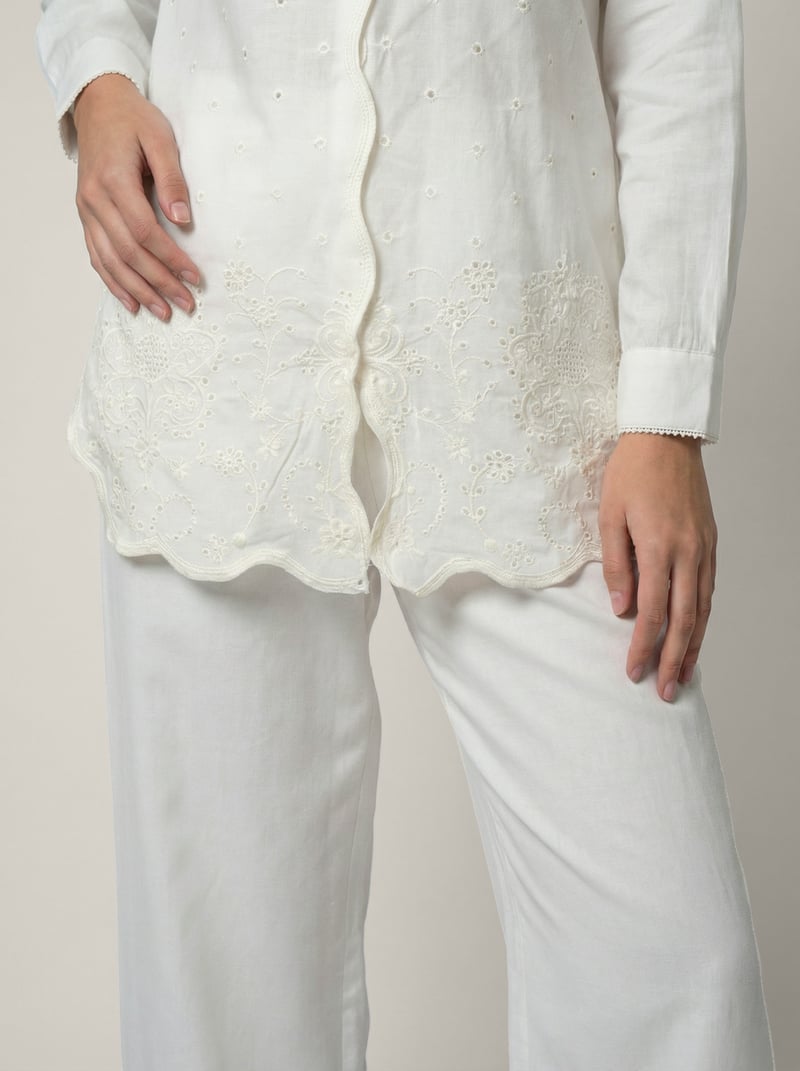 White Schiffli Shirt and Wide-Leg Pants Co-ord Set