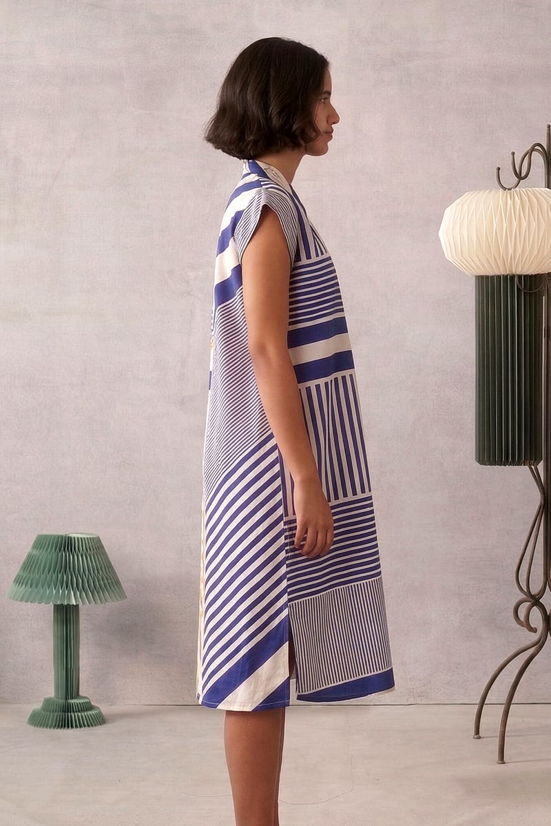 Multicolor Striped A-Line Midi Dress with V-Neck