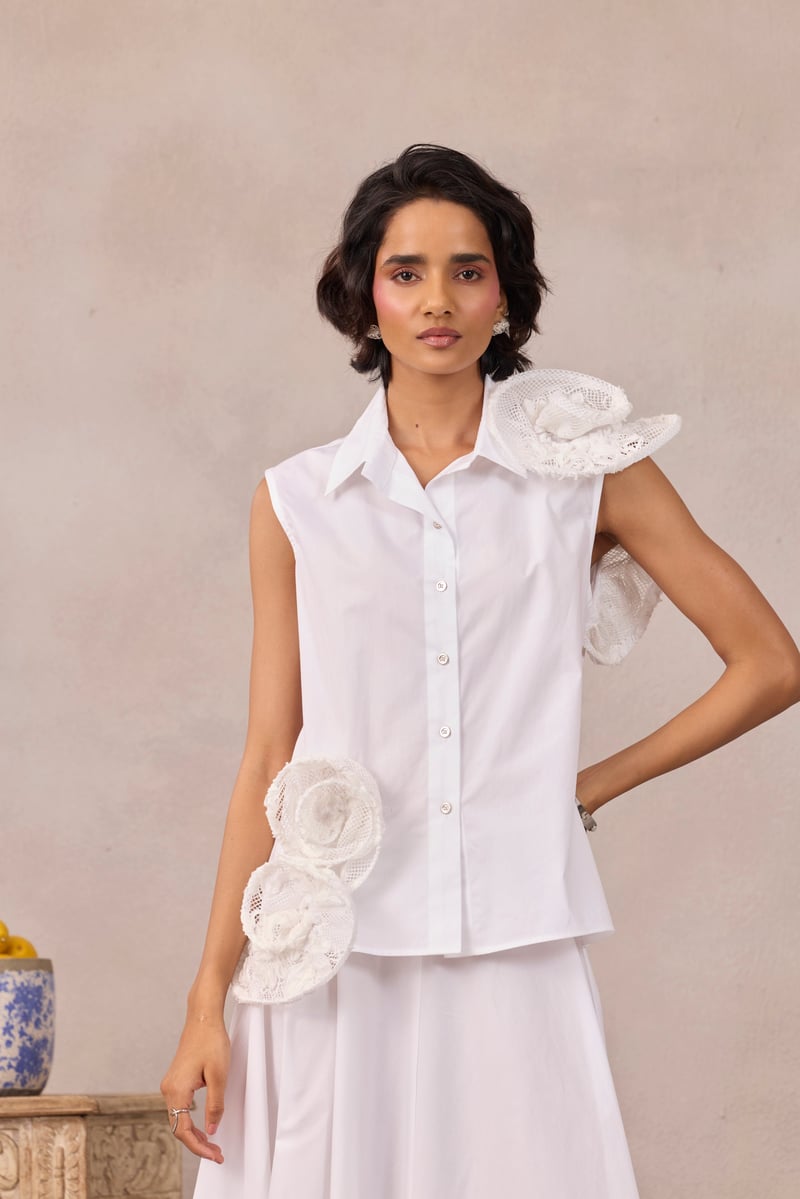Bright White Sleeveless Shirt with 3D Rosette Detail