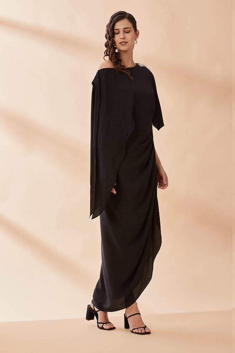 Black One-Shoulder Drape Maxi Dress with Pearl Detail