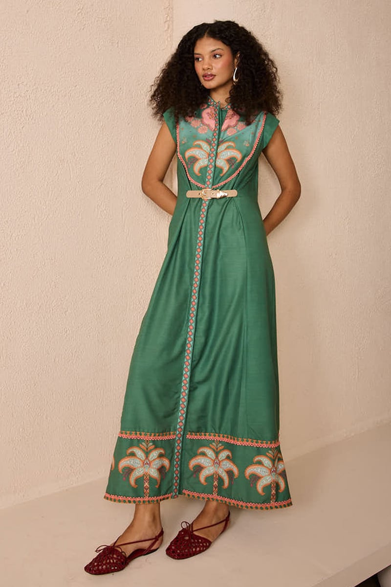 Green Placement Print Fit and Flare Maxi Dress