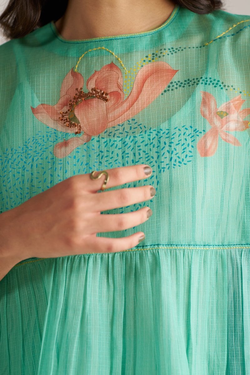 Bright Aqua Kota Silk Co-ord Set with Wide-Leg Pants