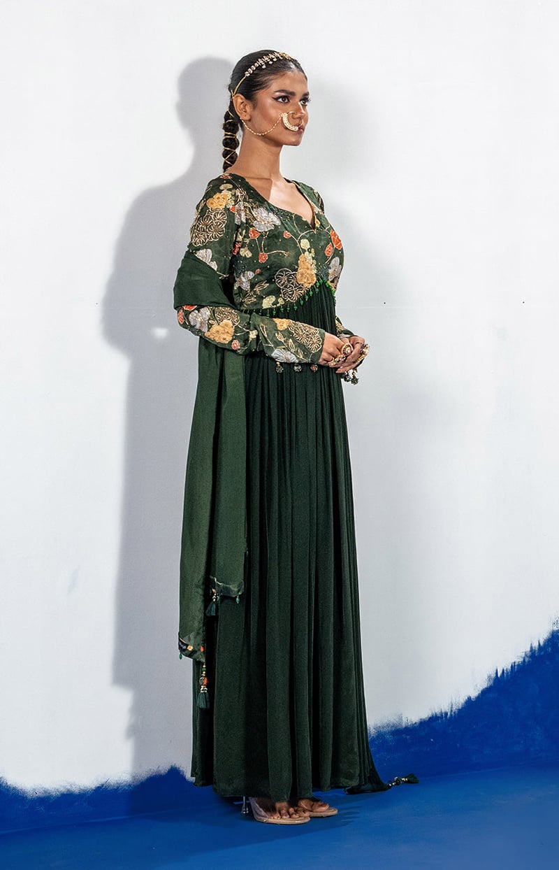 Green Anarkali Kurta Set with Embroidered Yoke and Dupatta