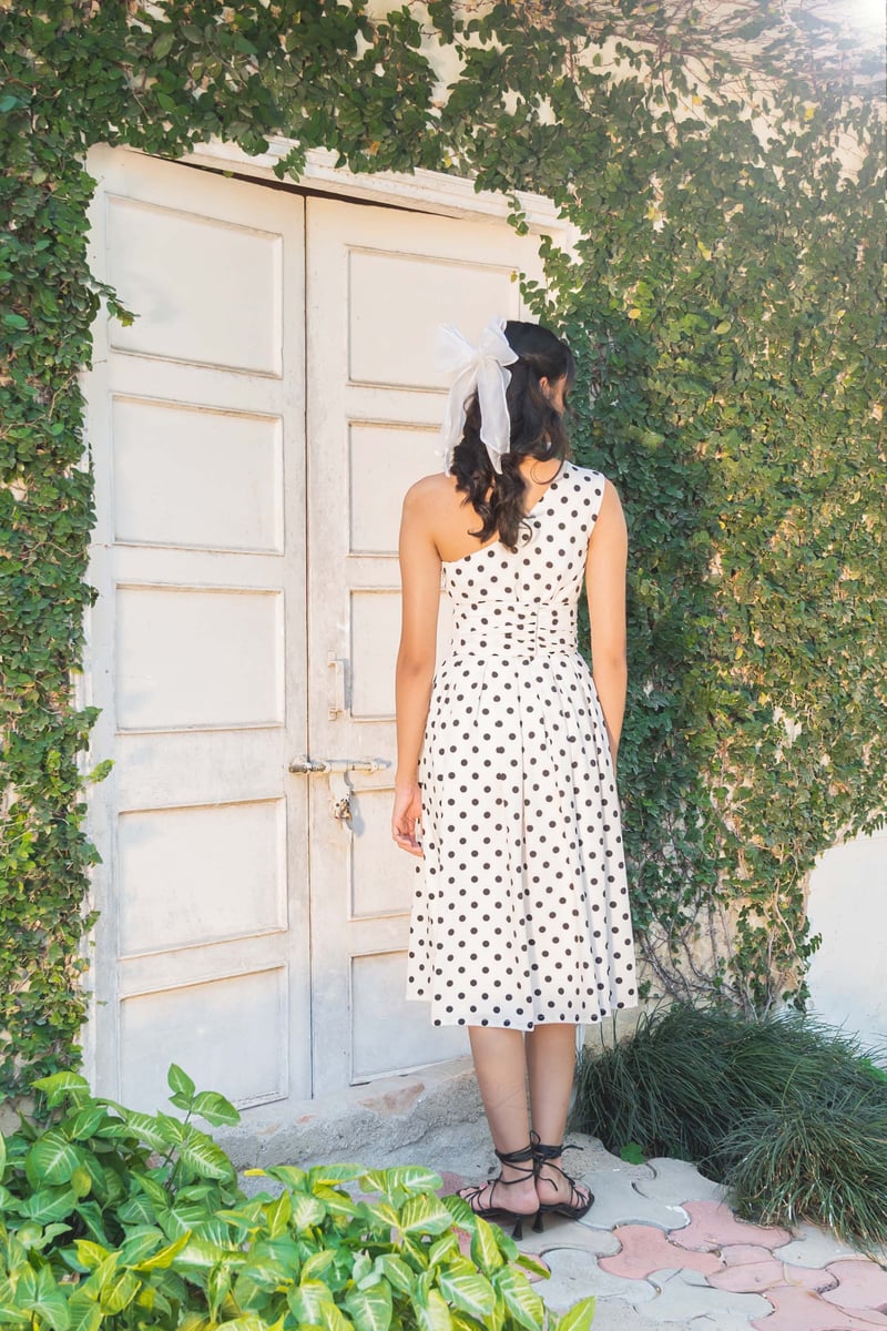 Off-White One-Shoulder Polka Dot Georgette Midi Dress