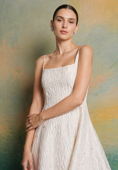 Ivory Embellished Jacquard Fit and Flare Midi Dress