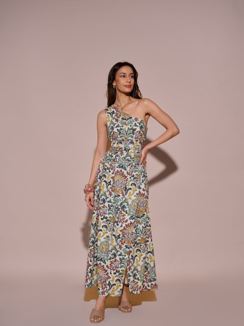 Green One-Shoulder Printed Maxi Dress with Waist Cut-Out