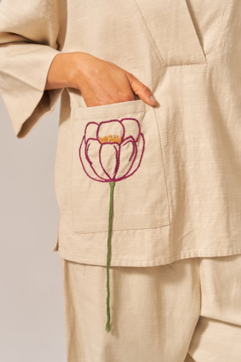 Beige Cotton Slub Shirt and Tapered Pants Co-ord Set