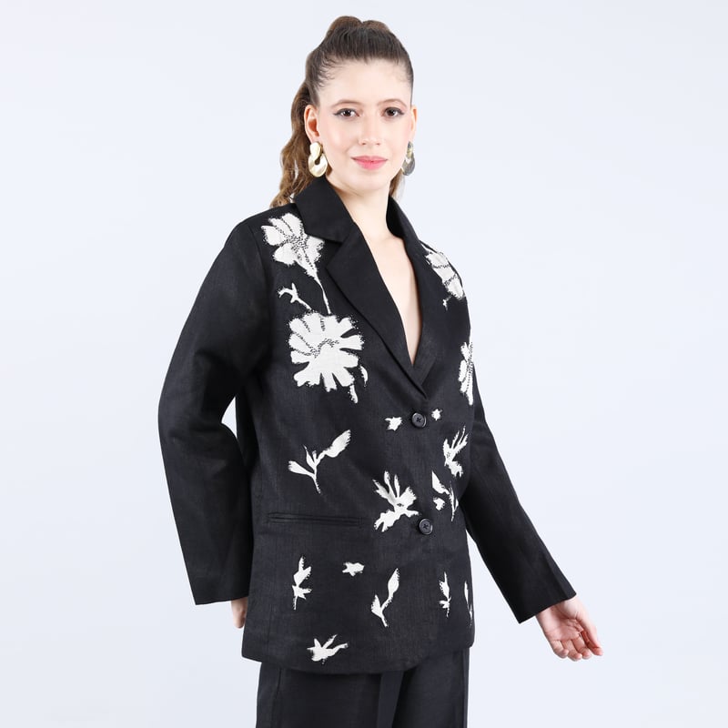 Black Linen Twill Applique Embroidered Blazer