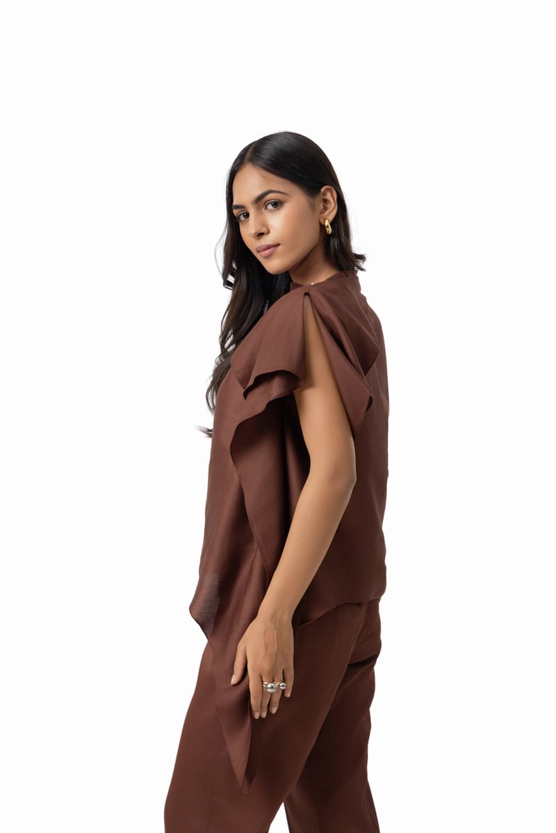 Espresso Cotton Drape Top with Asymmetrical Hem