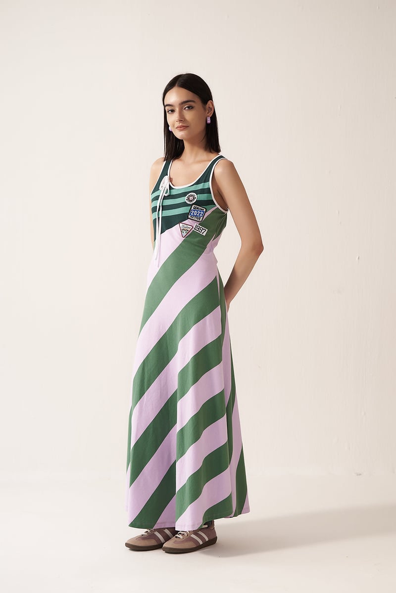 Green and Lavender Colorblock Maxi Jersey Swing Dress