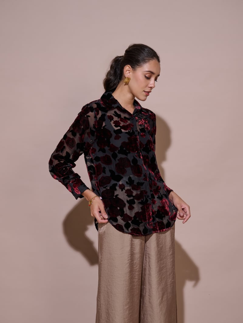 Black Sheer Mesh Shirt with Velvet Floral Overlay