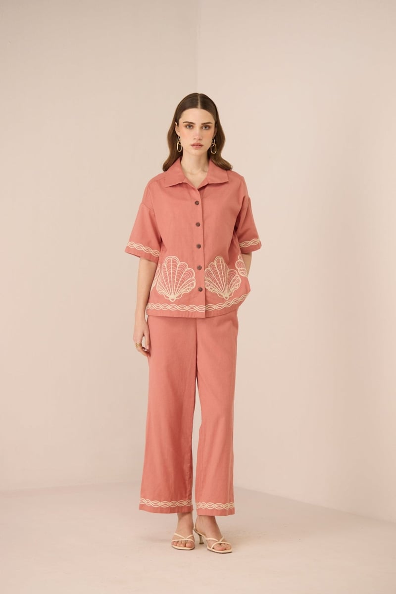 Coral Pink Cotton Linen Wide-Leg Trousers