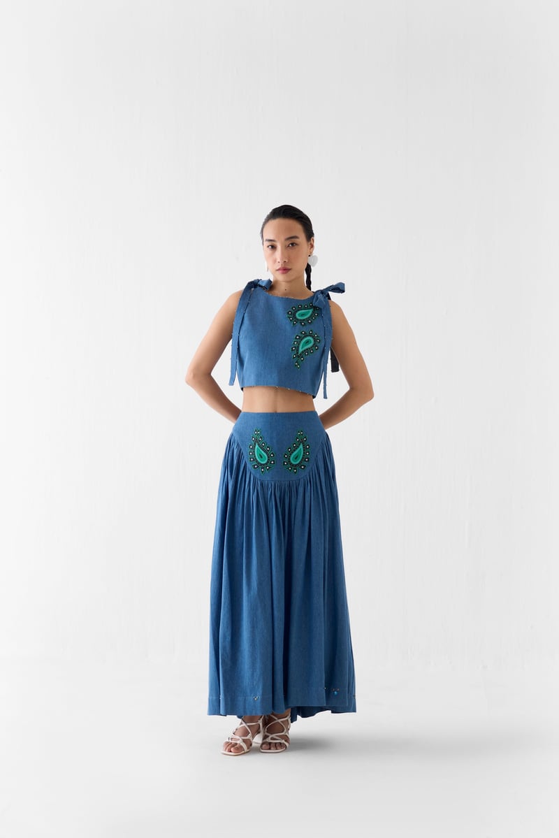 Denim Blue Crop Top and Maxi Skirt Co-ord Set — Studio Rigu