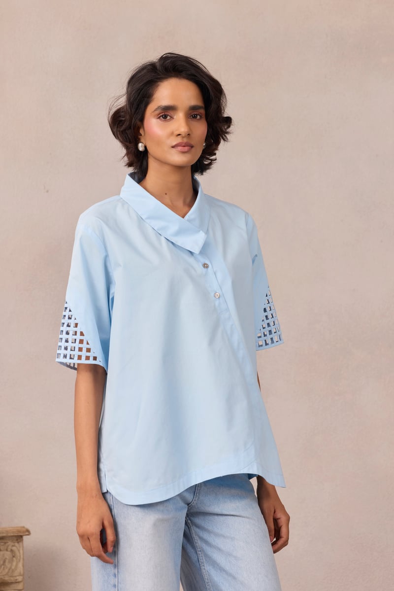 Frost Blue A-Line Shirt with Geometric Mesh Sleeve Inlay