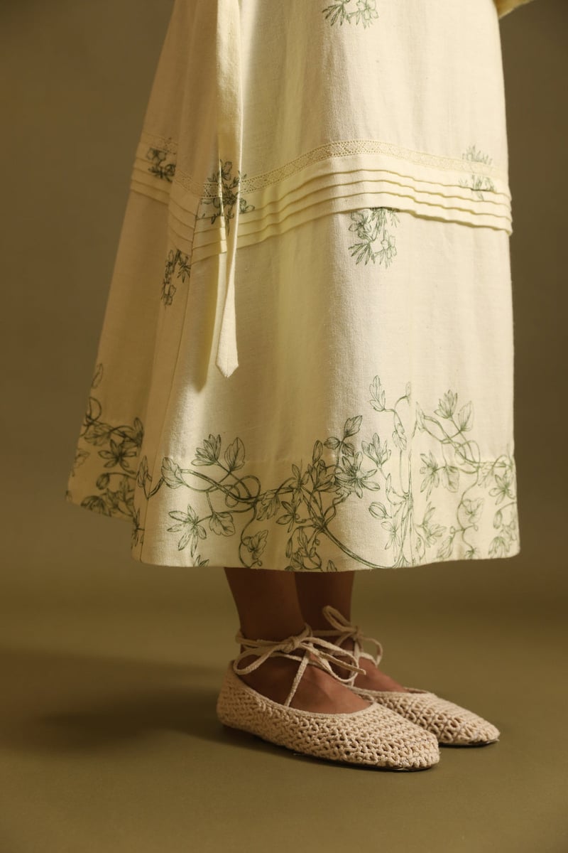 Buttery Yellow Khadi A-Line Maxi Skirt with Lace Inserts
