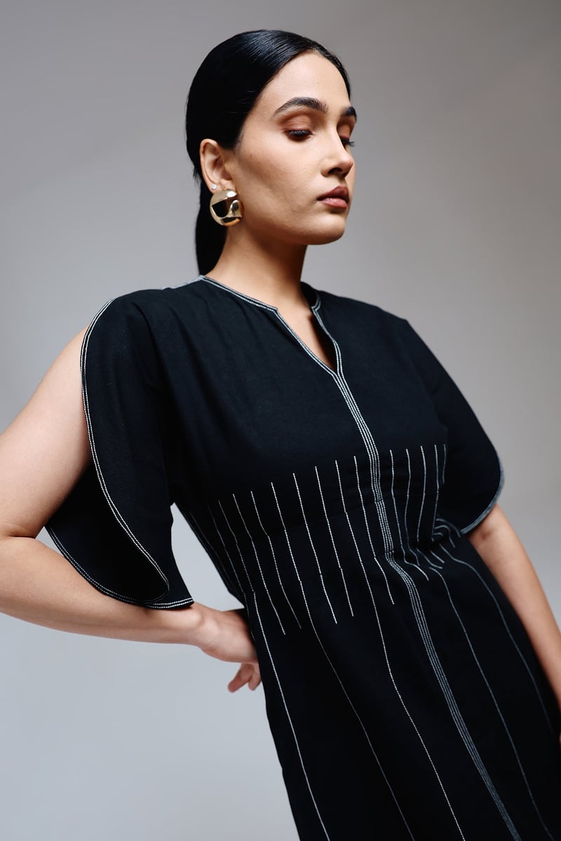Black A-Line Midi Dress with Cape Sleeves