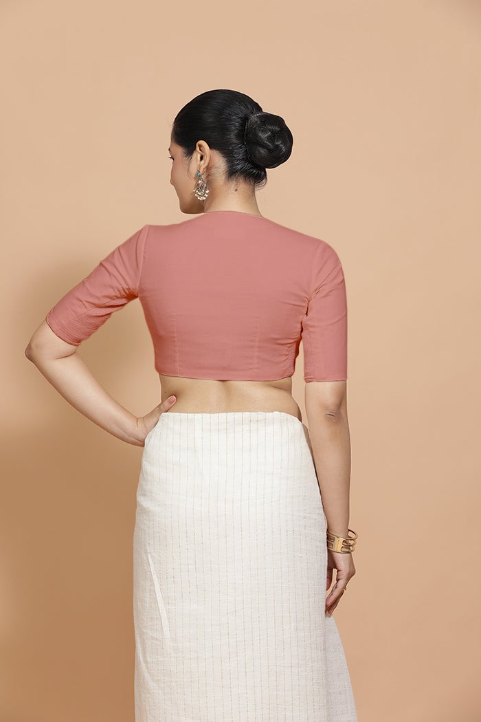 Soft Peach Cotton Round Neck Elbow Sleeve Saree Blouse