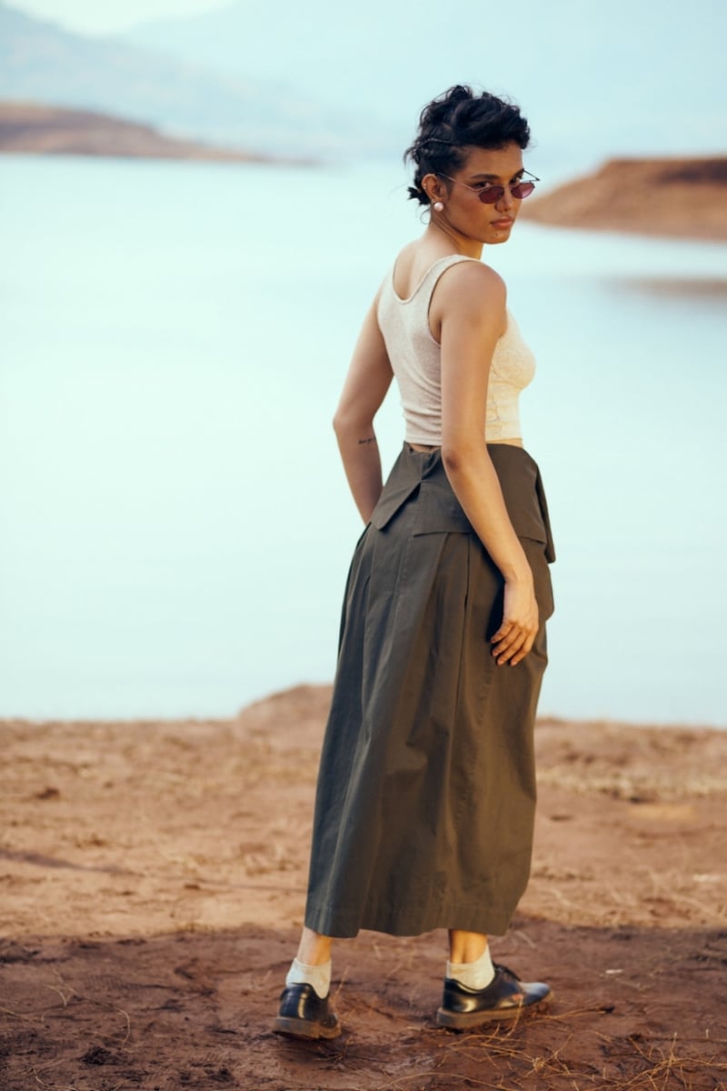 Olive Green Cotton Twill Wrap Midi Skirt with Tie Waist