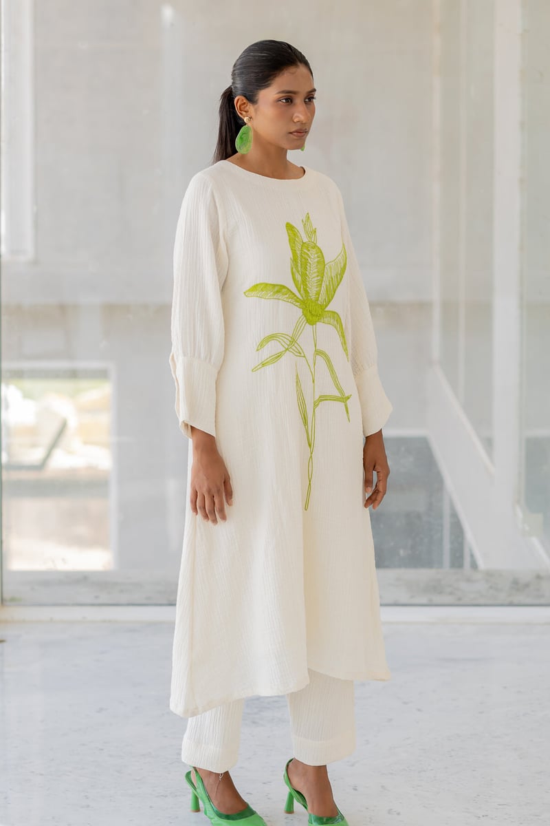 White Cotton Embroidered Kurta Set with Pants