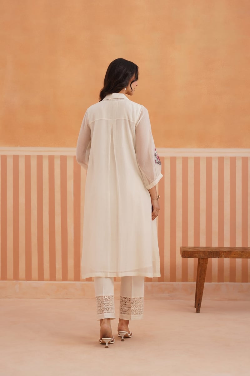 Off White Sheer Chanderi Shirt Kurta Set with Lace Panels