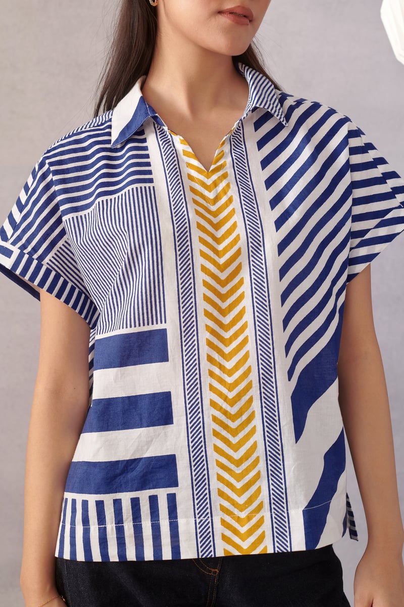 Blue and White Striped Boxy Cotton Top with Collar