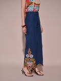 Blue High-Rise Wide-Leg Jeans with Hem Embroidery