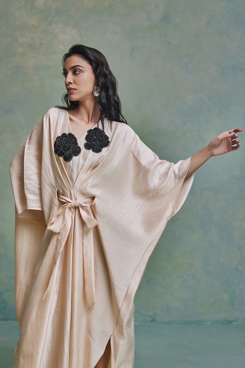 Beige Banarasi Tissue Kaftan with Tie Belt