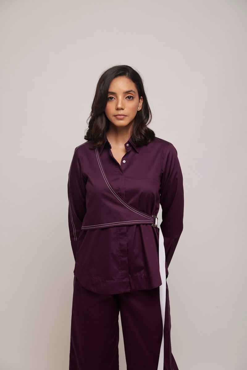 Purple Cotton Satin Shirt and Wide-Leg Pants Co-ord Set