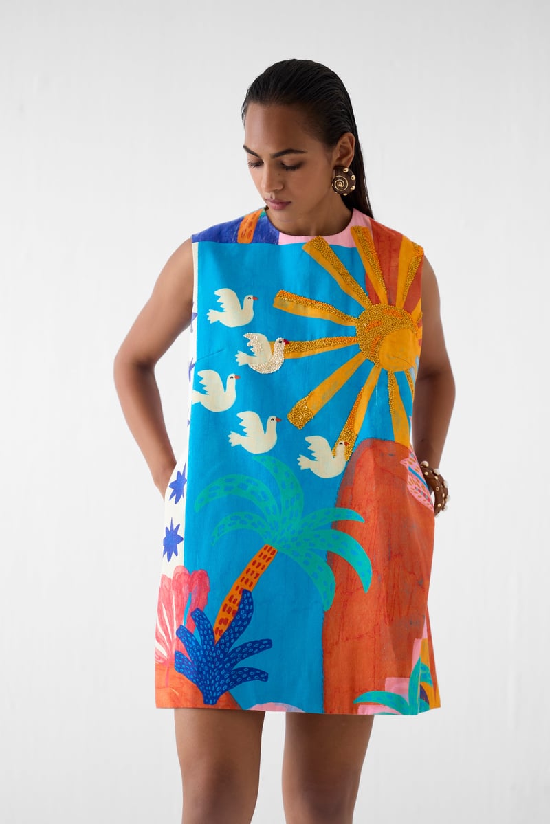 Multicolor Printed Cotton Slub Mini Shift Dress
