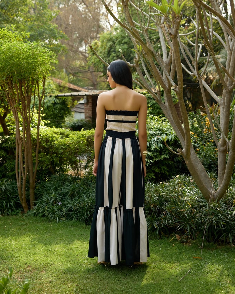 Black and White Striped Smocked Bandeau Maxi Jumpsuit