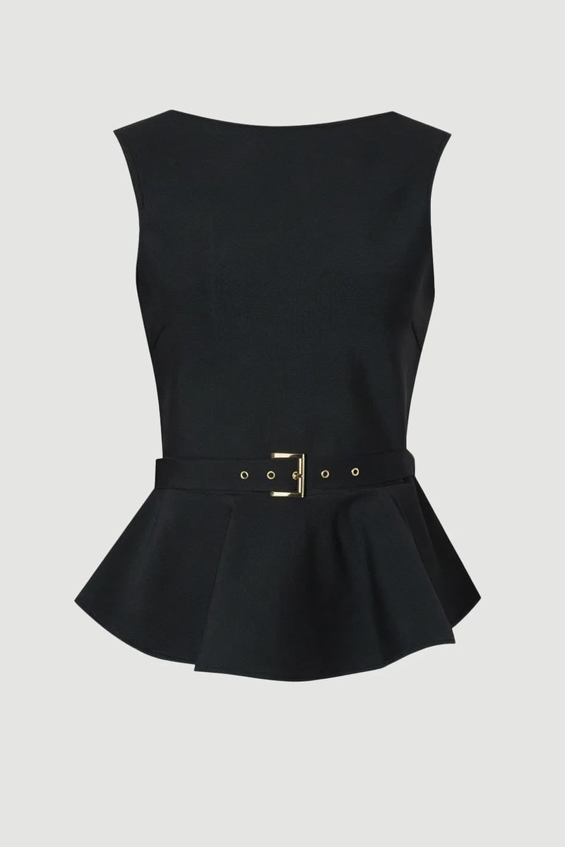 Black Sleeveless Peplum Top with Belt