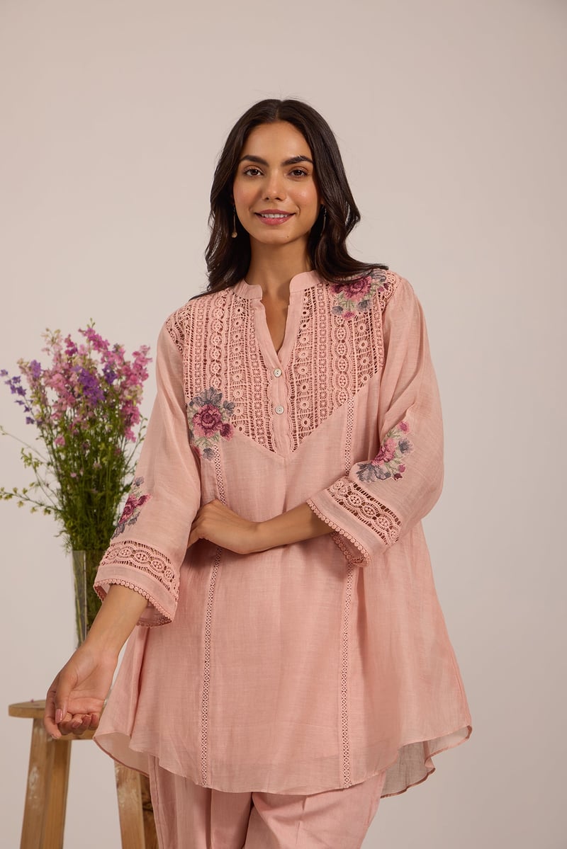 Pink Mul Chanderi Tunic and Straight Pant Co-ord Set