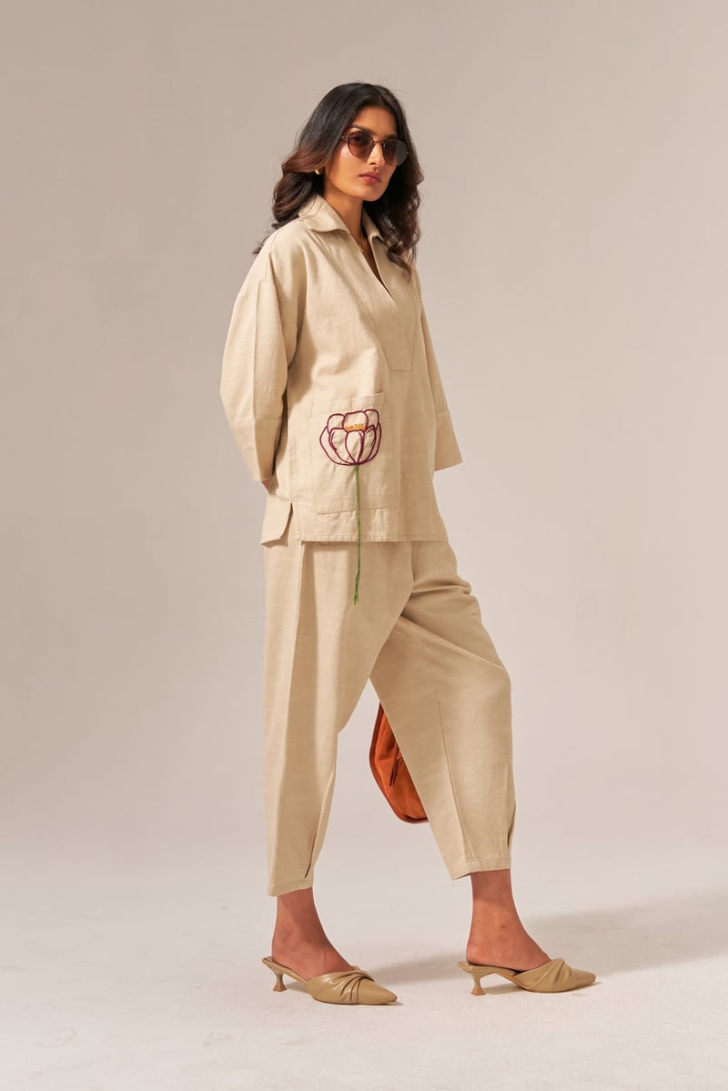 Beige Cotton Slub Shirt and Tapered Pants Co-ord Set