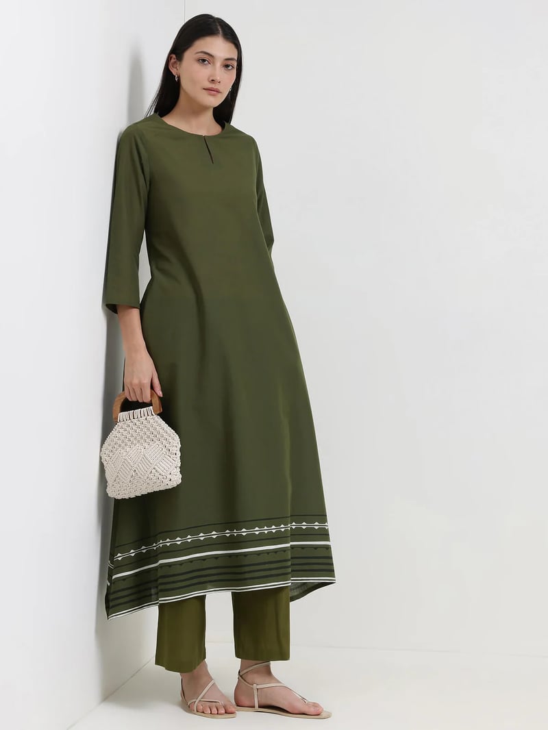 Cotton Striped A-Line Kurta - Green