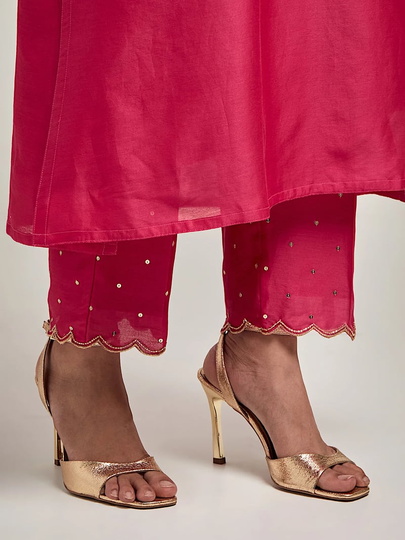 Fuchsia Silk Chanderi Embroidered Kurta Set with Pants