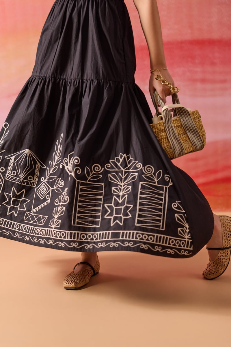 Black Smocked Tiered Midi Dress with Contrast Hem Embroidery