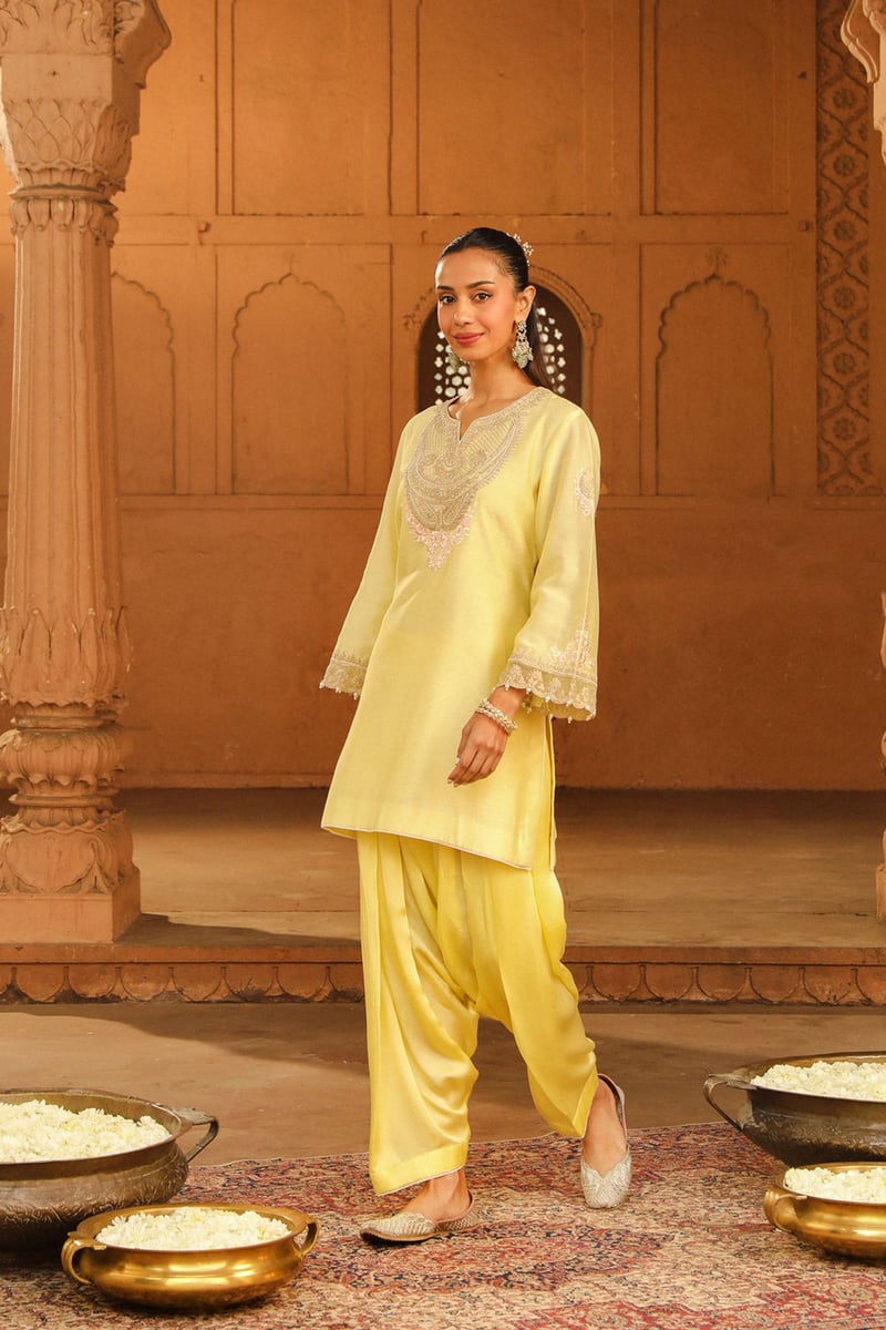 Lemon Yellow Embroidered Short Kurta with Salwar Set