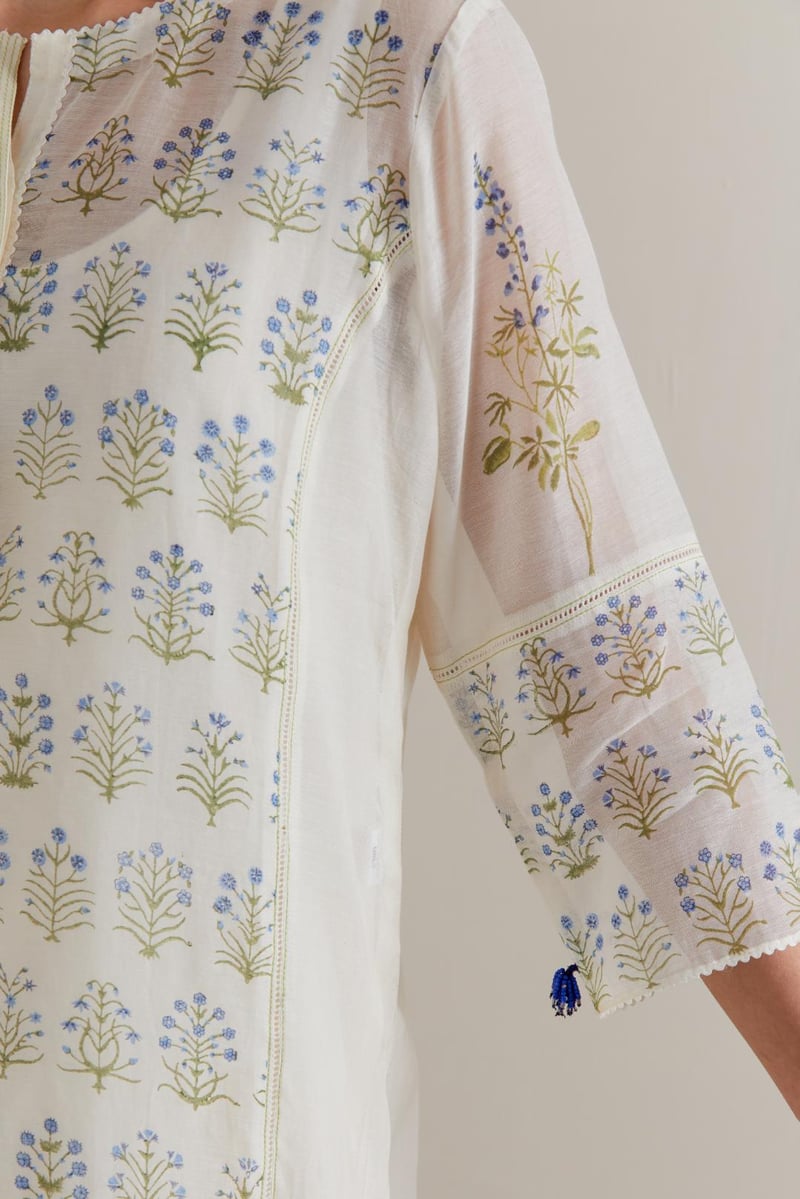 Off-White Floral Block Print Cotton Chanderi Kurta Set