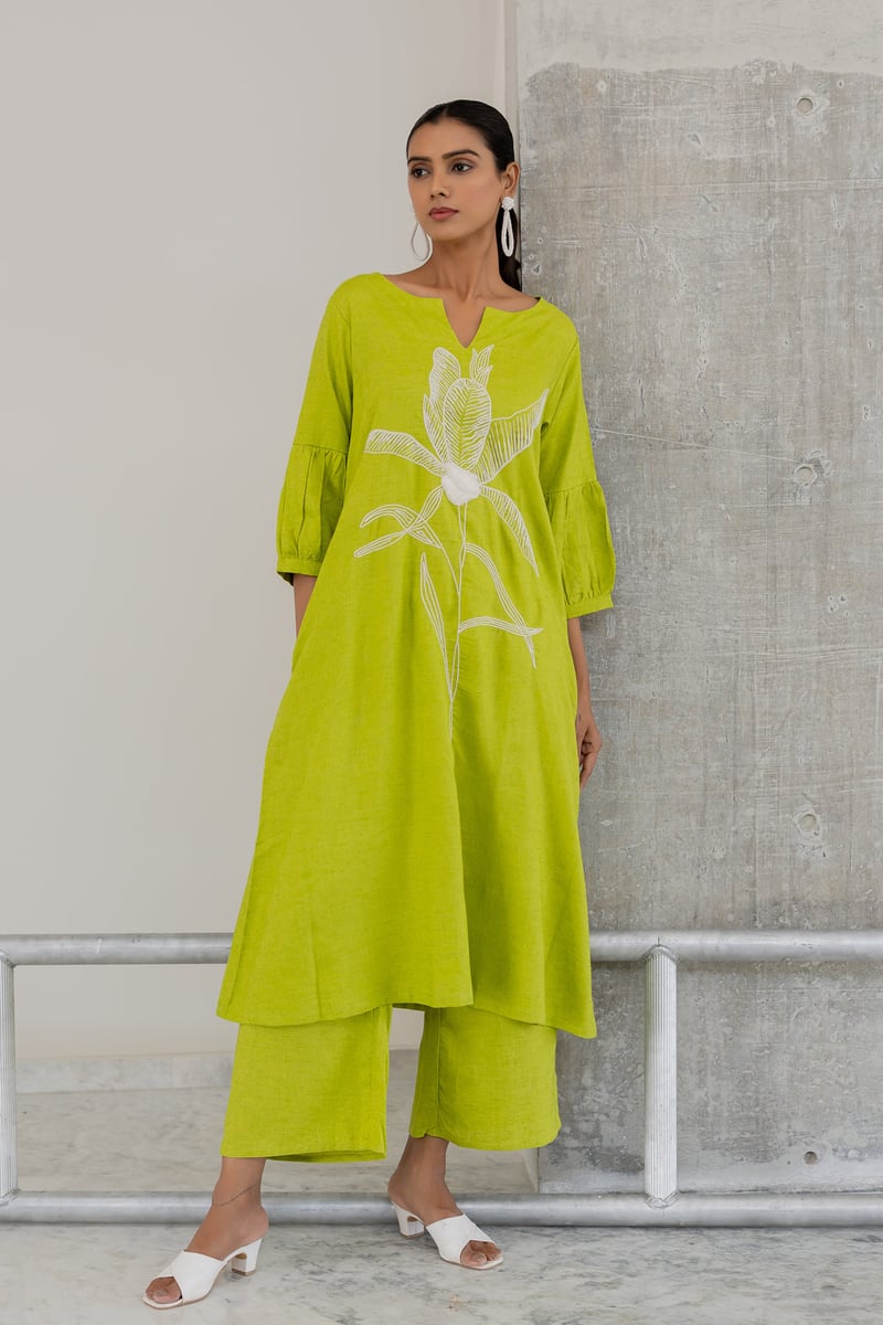 Green A-Line Kurta with White Floral Embroidery