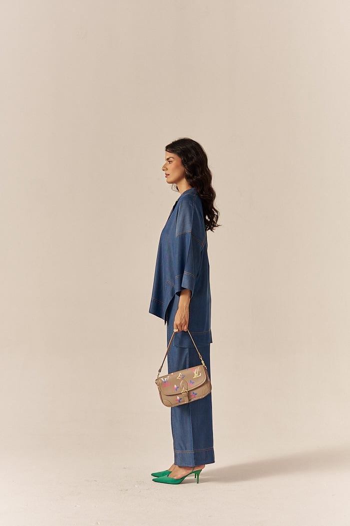 Blue Lapel Shirt and Flared Pants Co-ord Set