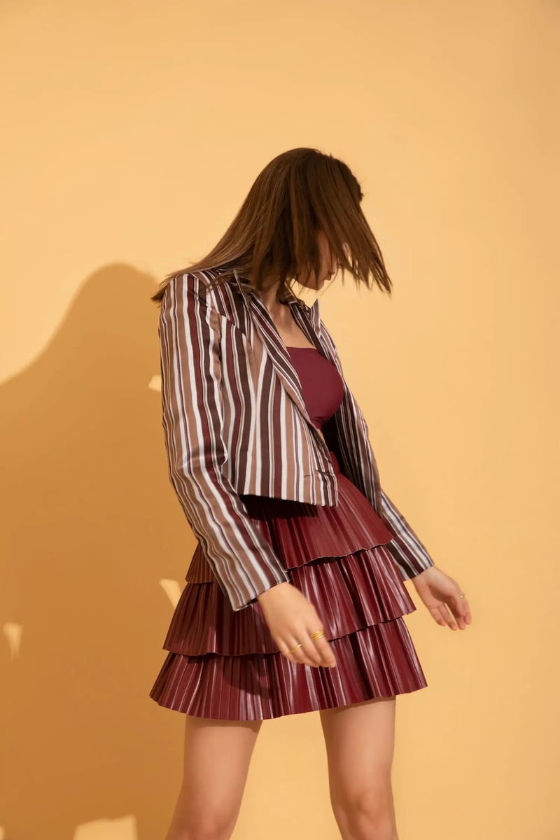 Wine Faux Leather Tiered Pleated Mini Skirt