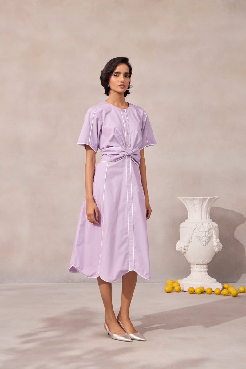 Sweet Lavender Fit and Flare Midi Dress with Piping