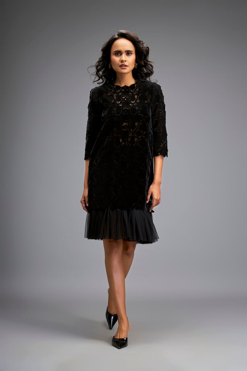 Black Cutwork Shift Dress with Sheer Net Hem