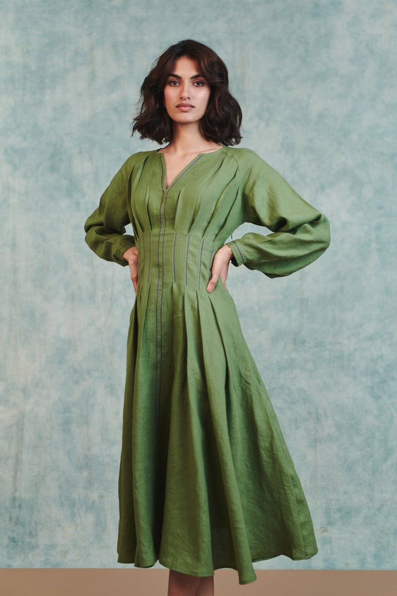 Moss Linen Pleated Waist Dress