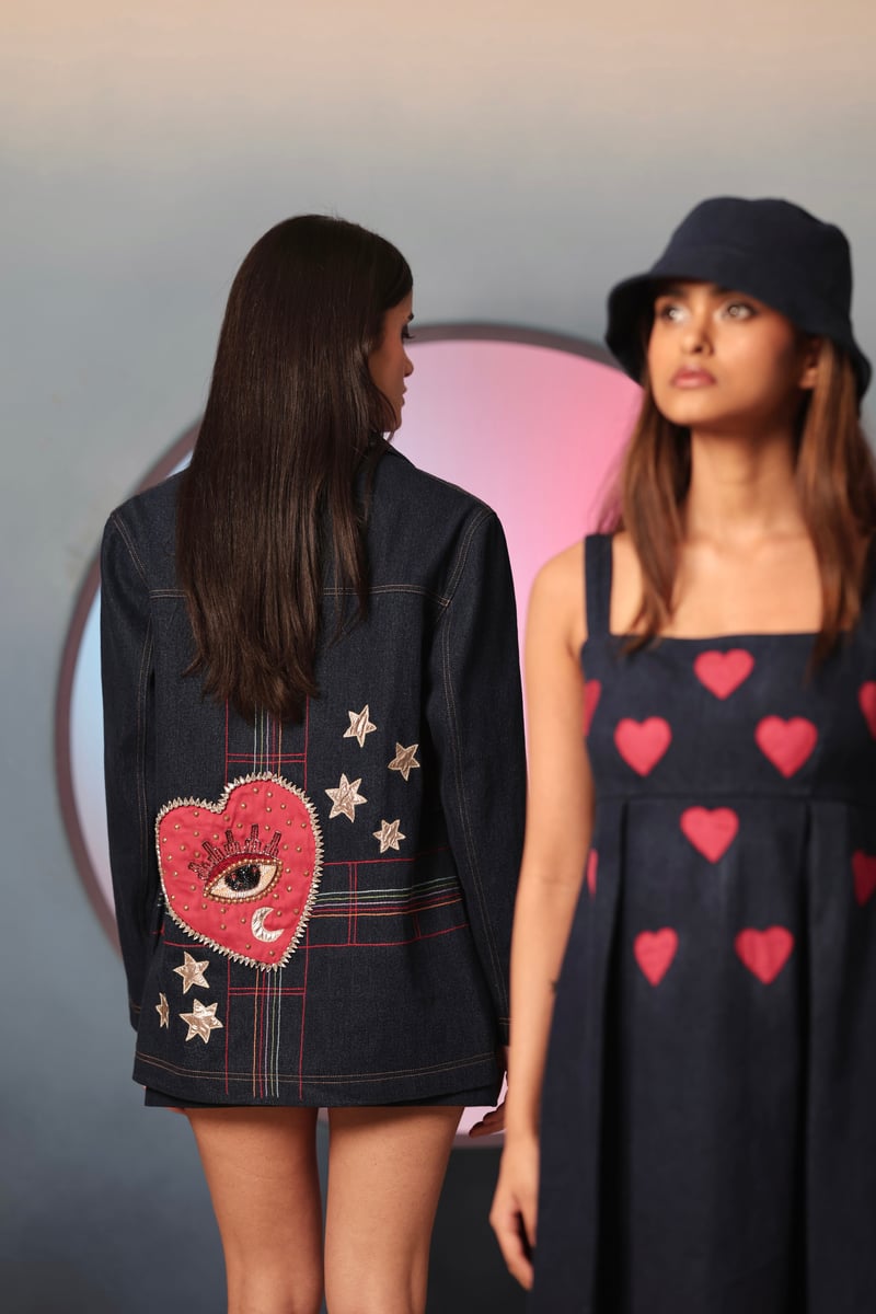 Blue Denim Square Neck Mini Dress with Heart Motif
