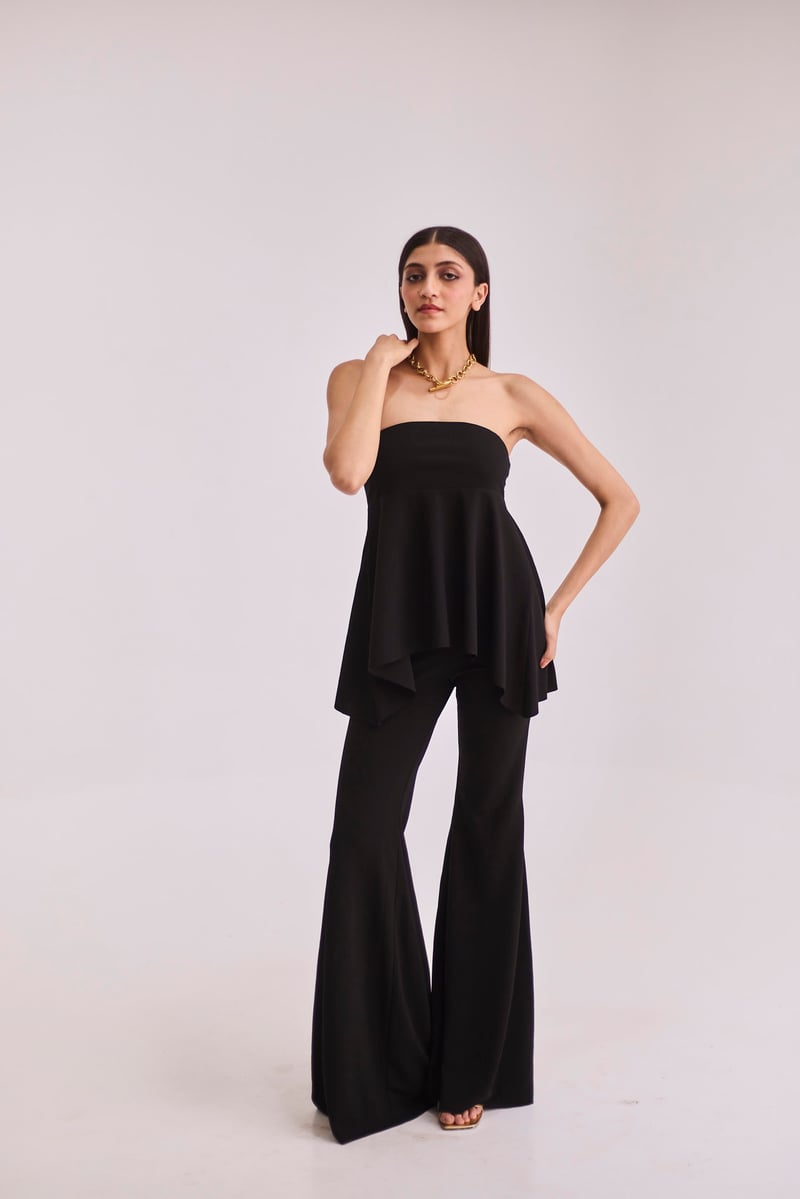 Black Strapless Asymmetric Flared Tube Top