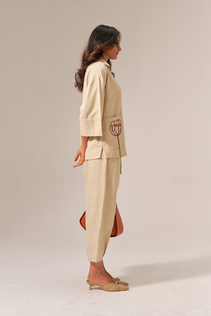 Beige Cotton Slub Shirt and Tapered Pants Co-ord Set