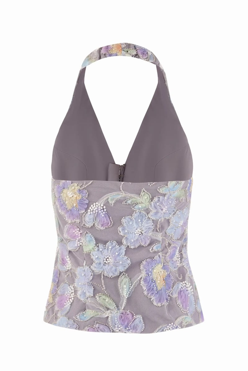 Periwinkle Halter Embroidered & Beaded Net Waistcoat